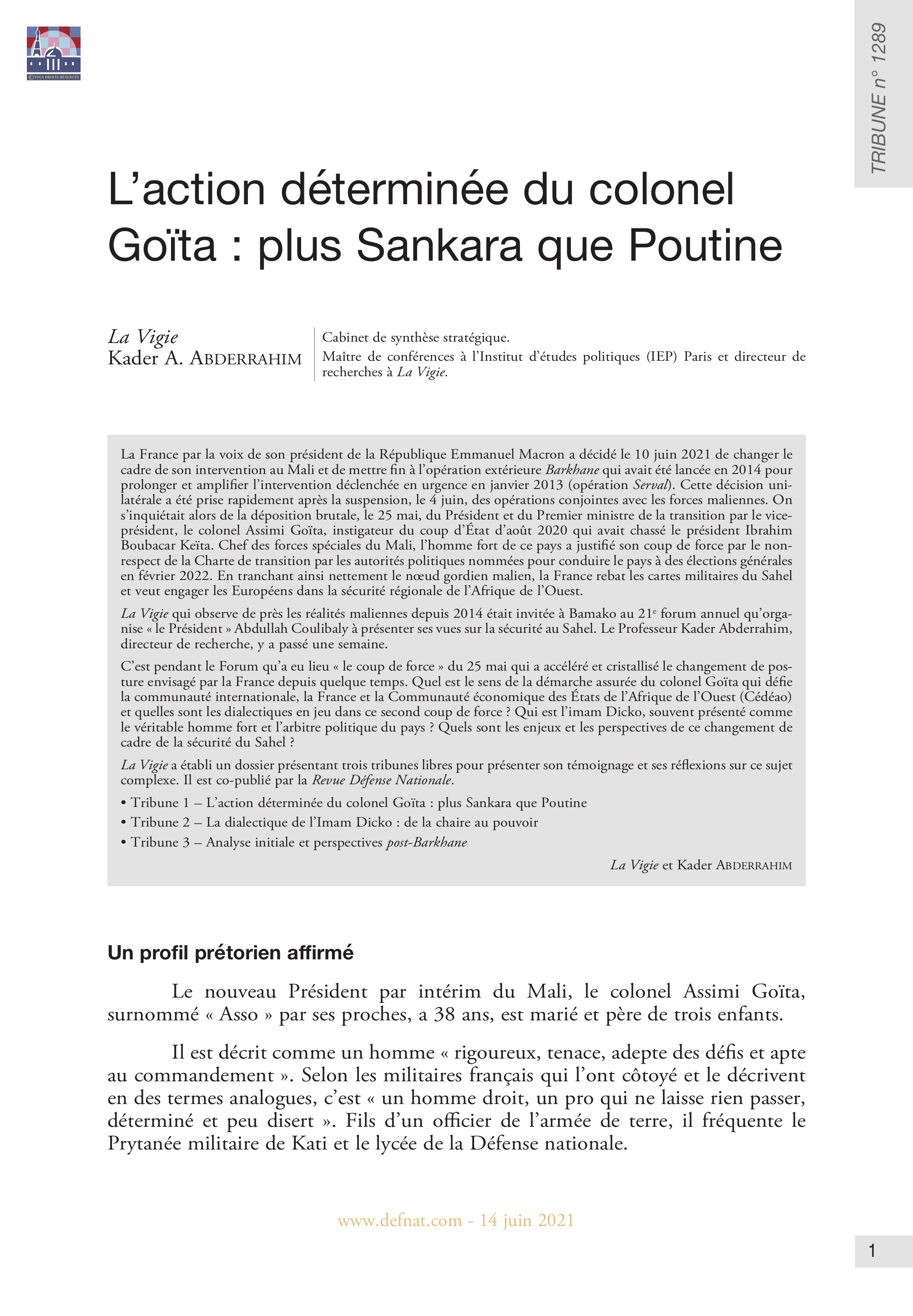 L’action déterminée du colonel Goïta : plus Sankara que Poutine (T 1289)
